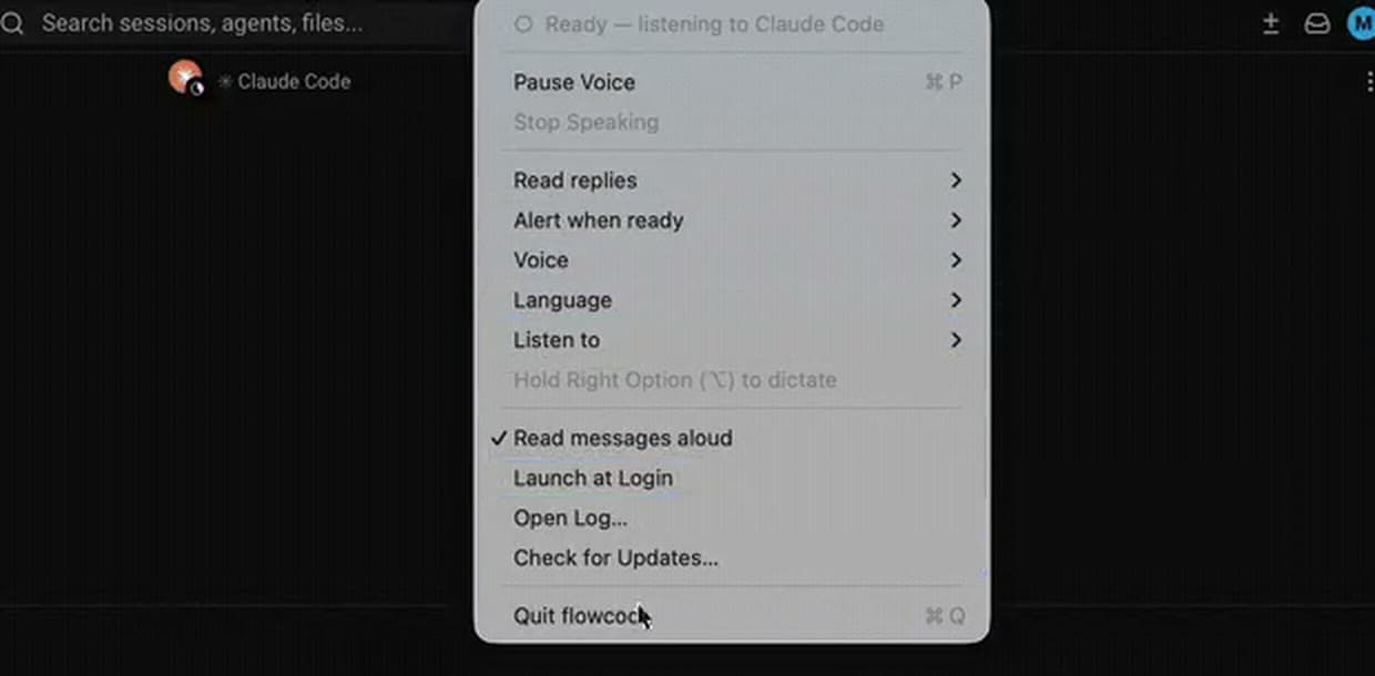 Rozbalené menu flowcode v menu baru: stav „Ready — listening to Claude Code“, Pause Voice, Read replies, Alert when ready, Voice, Language, Listen to a připomínka, že diktát se spouští podržením pravého Optionu