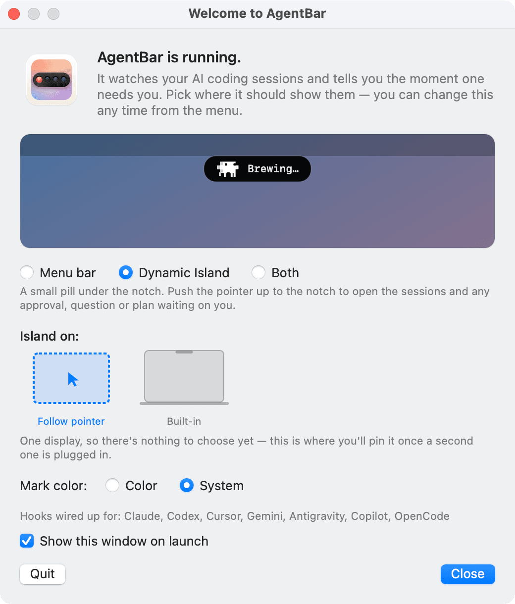 Uvítací okno AgentBaru: menu bar, Dynamic Island nebo obojí, na kterém displeji ostrůvek bydlí a jakou barvu má značka